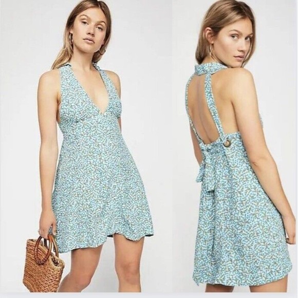 Free People Dresses & Skirts - Free People Mini Dress Small C’est La Vie Floral Blue Brown Back Cutout
